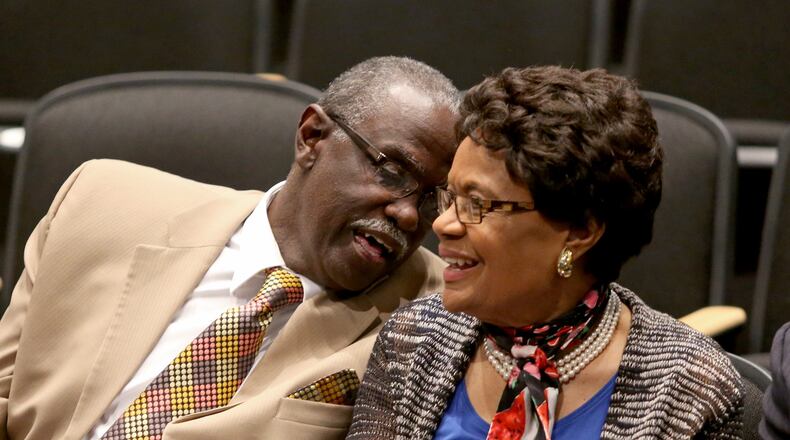 April 28, 2014 - College Park, Ga: Fulton County Commissioners Bill Edwards, left, and Emma Darnell talk to each other before the Fulton County Commission candidate forum at Benjamin Banneker High School Monday night April 28, 2014, in College Park, Ga. For more than a decade Democratic Fulton County Commissioners Darnell and Edwards have been inseparable, chatting several times a week and their views are very similar. Now they find themselves in an awkward race against each other competing for the District 6 seat, thanks to a redistricting plan by north Fulton republicans. (Photo/Jason Getz) Fulton County Commissioner Bill Edwards lost to fellow Democrat Emma Darnell in the May primary. But Edwards is considering running for office in the City of South Fulton if voters and the General Assembly create the city next year.