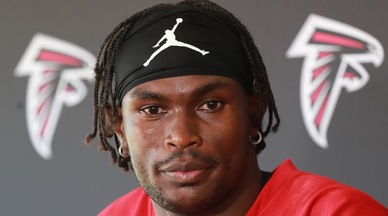 Falcons star wide receiver Julio Jones holds his press conference during the third day of training camp on Wednesday, July 24, 2019, in Flowery Branch. Curtis Compton/ccompton@ajc.com