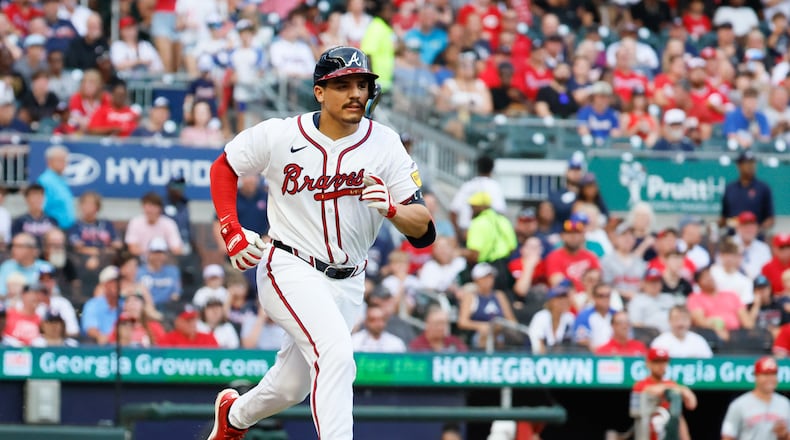 Nacho Alvarez Jr. runs to first during a groundout in his first major-league at-bat Monday as the Braves hosted the Reds at Truist Park.