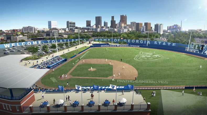 A rendering of the planned new baseball stadium to be built in downtown Atlanta on the campus of Georgia State University.