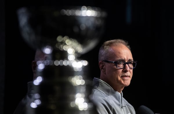 Florida Panthers' head coach Paul Maurice speak to media during a news conference, Tuesday, June 3, 2025, in Edmonton, Alberta, ahead of Game 1 of the NHL hockey Stanley Cup final series against the Edmonton Oilers. (Jason Franson/The Canadian Press via AP)