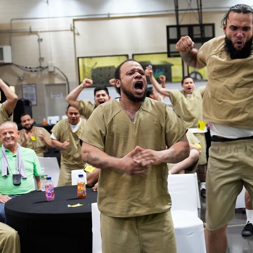 Rikers Island inmates watch the World Cup semifinal soccer match between England and Argentina, at the jail complex in New York, Wednesday, July 15, 2026. (AP Photo/Seth Wenig)