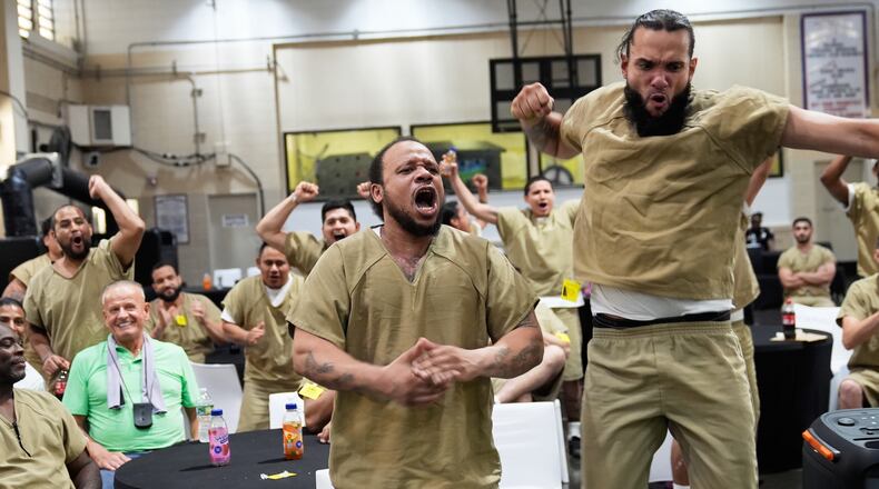 Rikers Island inmates watch the World Cup semifinal soccer match between England and Argentina, at the jail complex in New York, Wednesday, July 15, 2026. (AP Photo/Seth Wenig)