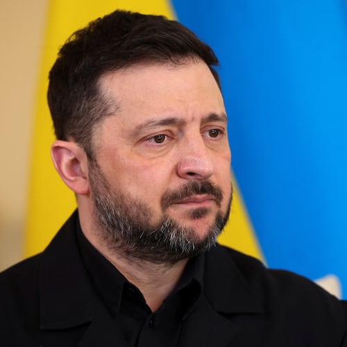 Ukrainian President Volodymyr Zelenskyy reacts during a meeting with British Prime Minister Keir Starmer at 10 Downing Street in London, Tuesday, March 17, 2026.(Suzanne Plunkett, Pool Photo via AP)
