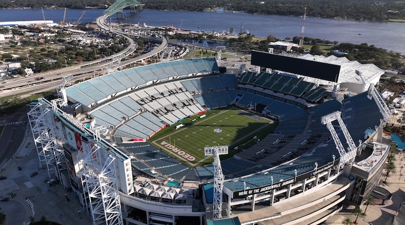 Aerial photo shows EverBank Stadium in advance of the game Saturday between Georgia and Florida, Friday, Oct. 27, 2023, in Jacksonville, FL. (Hyosub Shin / Hyosub.Shin@ajc.com)