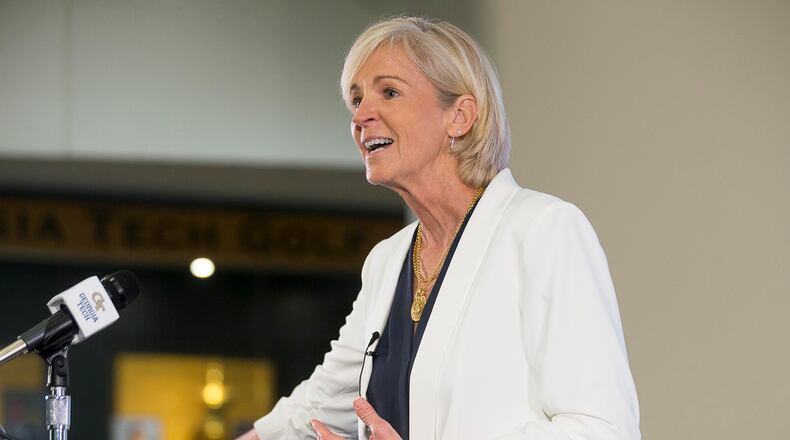 Nell Fortner, the new head coach for the Georgia Tech women's basketball team, speaks. (ALYSSA POINTER/ALYSSA.POINTER@AJC.COM)