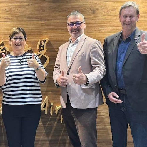 In this image supplied by the Taiwan Ministry of Foreign Affairs (MOFA), New Zealand lawmakers from left, Laura McClure, Maureen Pugh, Duncan Webb and David Wilson gesture as they pose for a photo at Taiwan Taoyuan International Airport, on May 4, 2026. (Taiwan MOFA via AP)
