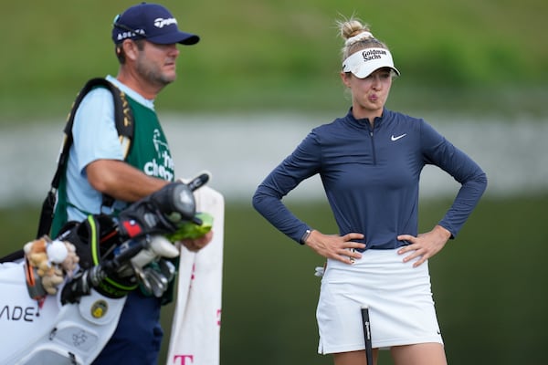 Nelly Korda stands on the third tee during the final round of the Chevron Championship LPGA golf tournament Sunday, April 27, 2025, in The Woodlands, Texas. (AP Photo/Ashley Landis)
