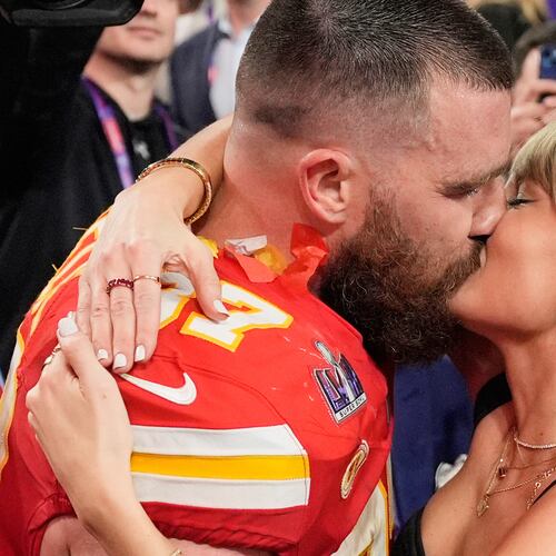 FILE - Kansas City Chiefs tight end Travis Kelce (87) and Taylor Swift kiss after the Chiefs defeated the San Francisco 49ers in the NFL Super Bowl 58 football game on Feb. 11, 2024, in Las Vegas. (AP Photo/John Locher, File)