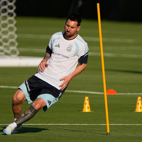 Argentina forward Lionel Messi works out during practice for the FIFA World Cup soccer Wednesday, June 3, 2026, in Kansas City, Kan.. (AP Photo/Charlie Riedel)