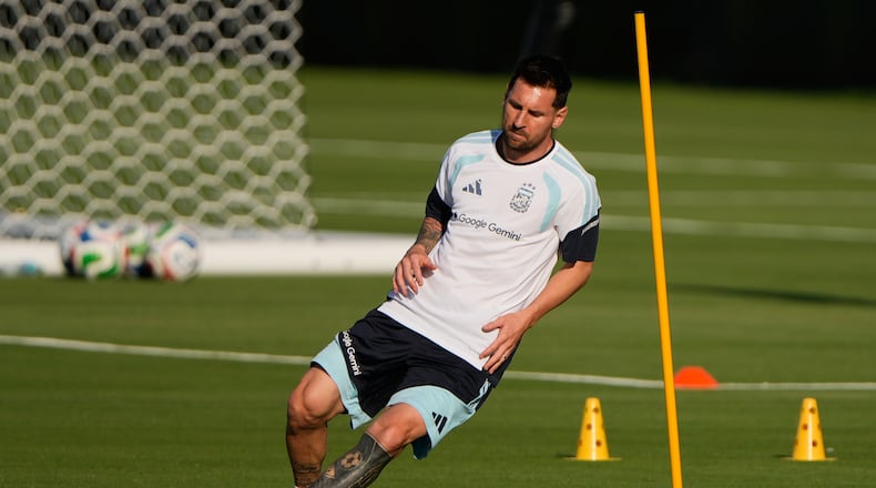 Argentina forward Lionel Messi works out during practice for the FIFA World Cup soccer Wednesday, June 3, 2026, in Kansas City, Kan.. (AP Photo/Charlie Riedel)