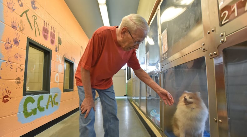 Thomas Roland looks for a dog to adopt at Gwinnett County Animal Welfare and Enforcement in Lawrenceville on Wednesday, May 16, 2018. HYOSUB SHIN / HSHIN@AJC.COM