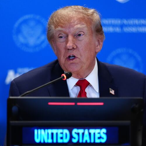 President Donald Trump attends a meeting of the multinational political and security coalition "Shield of the Americas" on the sidelines the United Nations General Assembly, Tuesday, Sept. 22, 2026, at the UN headquarters. (AP Photo/Julia Demaree Nikhinson)