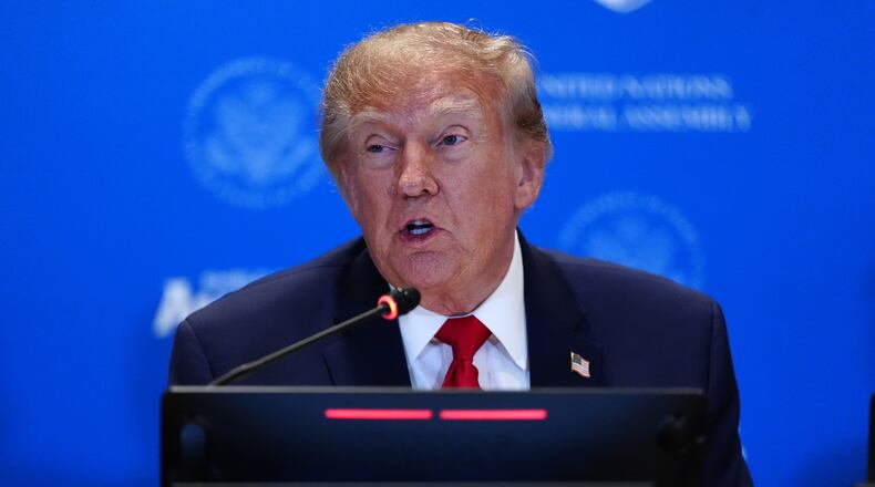 President Donald Trump attends a meeting of the multinational political and security coalition "Shield of the Americas" on the sidelines the United Nations General Assembly, Tuesday, Sept. 22, 2026, at the UN headquarters. (AP Photo/Julia Demaree Nikhinson)
