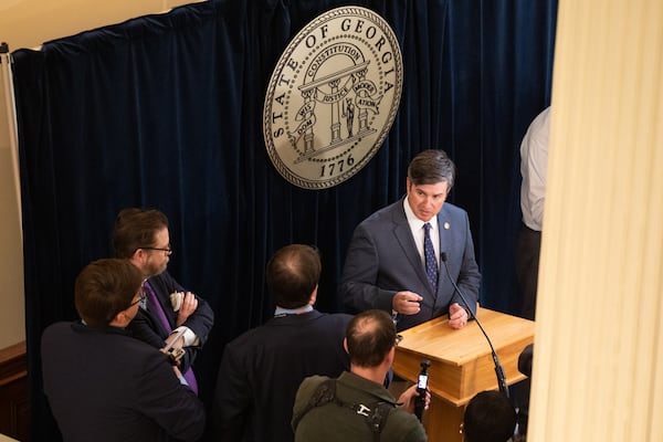 Sen. Matt Brass, R-Newnan, talks with journalists after the Senate passed a data center bill during Crossover Day at the Georgia Legislature in Atlanta on Friday, March 6, 2026. (Ben Gray for the AJC)