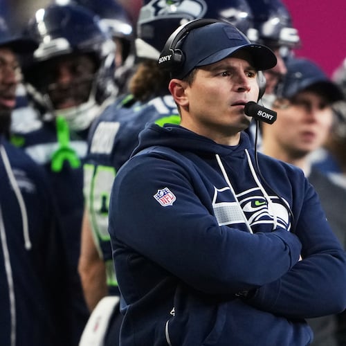 Seattle Seahawks head coach Mike Macdonald watches from the sideline during the first half of the NFC Championship NFL football game against the Los Angeles Rams, Sunday, Jan. 25, 2026, in Seattle. (AP Photo/Lindsey Wasson)