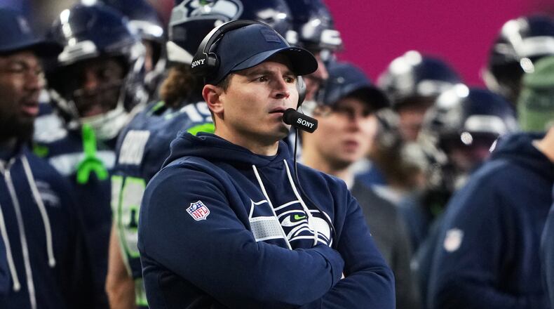 Seattle Seahawks head coach Mike Macdonald watches from the sideline during the first half of the NFC Championship NFL football game against the Los Angeles Rams, Sunday, Jan. 25, 2026, in Seattle. (AP Photo/Lindsey Wasson)