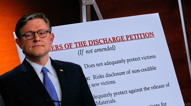 House Speaker Mike Johnson attended a news conference on the Epstein Files Transparency Act last week in Washington. Johnson reportedly wants to change the rules on discharge petitions. (Julia Demaree Nikhinson/AP)