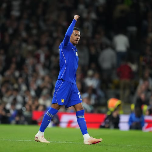 Chelsea's Morgan Rogers celebrates after scoring during the English Premier League soccer match between Fulham and Chelsea in London, Monday, Aug. 24, 2026. (AP Photo/Kirsty Wigglesworth)
