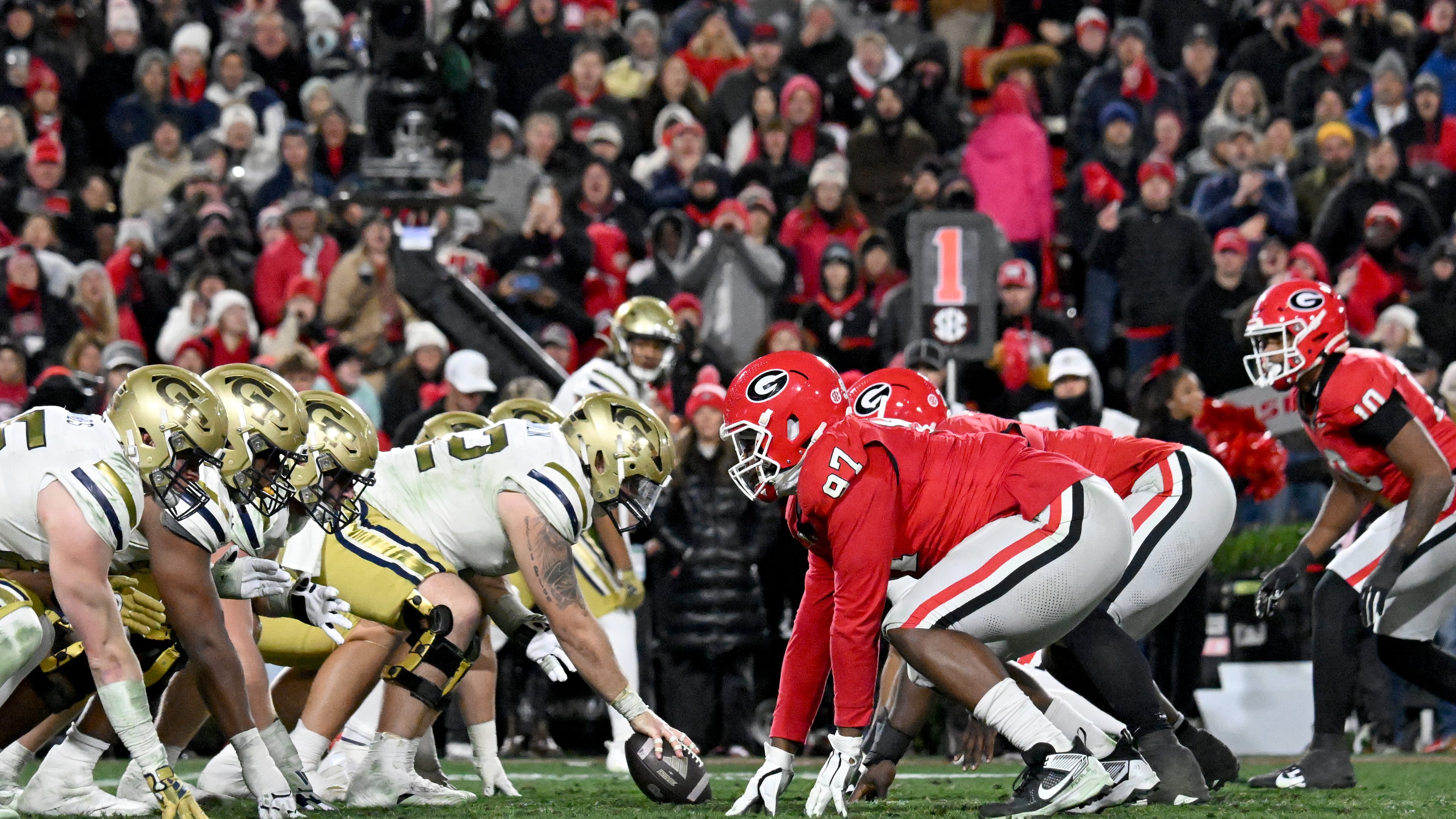 Georgia-Georgia Tech was a wild affair in 2024, ending in eight overtimes and a 44-42 Bulldogs victory. Both teams are ranked through three games this season, and if they both win out, fans could see a Clean Old-Fashioned Hate game in November with both teams ranked in the top 10 for the first time since 1966. (Hyosub Shin/AJC 2024)