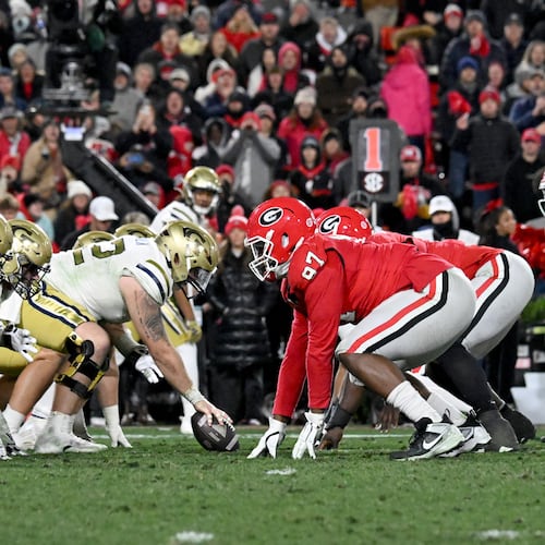 Georgia and Georgia Tech line up at the line of scrimmage during the second half of the Clean Old Fashioned Hate 2024 game at Sanford Stadium, in Athens. (Hyosub Shin/AJC)