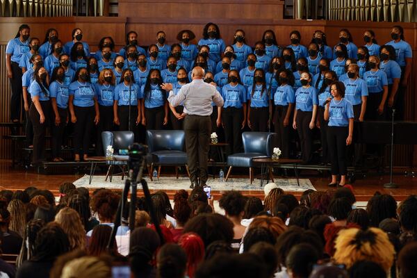 The Spelman College Glee Club sings a song at Sisters Chapel on Friday, Sept. 23, 2022, at Spelman College. (Natrice Miller/natrice.miller@ajc.com)  