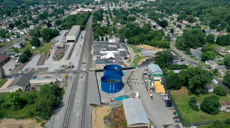 An aerial photo shows cleanup and remediation continuing near the site of the Feb. 3 Norfolk Southern freight train derailment, Saturday, July 15, 2023, in East Palestine. (Matt Freed for the Atlanta Journal Constitution)