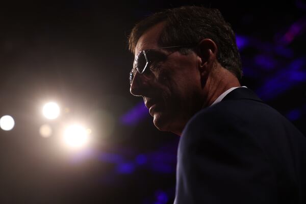 Republican candidate for governor Brad Raffensperger, Georgia’s Secretary of State, appears before the Atlanta Press Club Loudermilk-Young debates at Georgia Public Broadcasting on Monday. (Arvin Temkar/AJC)