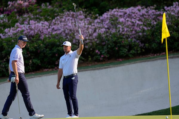 Bryson DeChambeau reacts after missing a putt on the 13th hole during the third round at the Masters golf tournament, Saturday, April 12, 2025, in Augusta, Ga. (AP Photo/David J. Phillip)