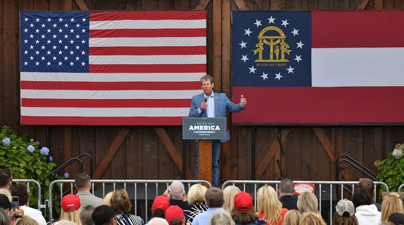 September 15, 2020 Cumming - Governor Brian Kemp speaks during the 'Evangelicals for Trump: Praise, Prayer, and Patriotism' event at Reid Barn in Cumming on Tuesday, September 15, 2020. Other guests include Pastor Paula White, Pastor Jentezen Franklin, Dr. Alveda King, Pastor Todd Lamphere, and Pastor Tony Suarez. (Hyosub Shin / Hyosub.Shin@ajc.com)