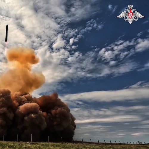 In this image made from video provided by Russian Defense Ministry Press Service on Tuesday, May 12, 2026, Russia's new Sarmat intercontinental ballistic missile is test launched at an unspecified location in Russia. (Russian Defense Ministry Press Service via AP)