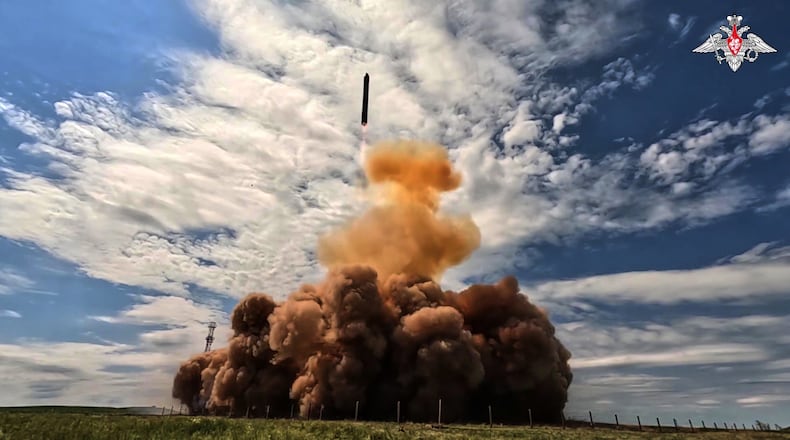 In this image made from video provided by Russian Defense Ministry Press Service on Tuesday, May 12, 2026, Russia's new Sarmat intercontinental ballistic missile is test launched at an unspecified location in Russia. (Russian Defense Ministry Press Service via AP)