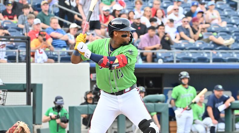 Braves star right fielder Ronald Acuña Jr. faces the Charlotte Knights in a rehab assignment with the Triple-A Gwinnett Braves May 15, 2025 at Coolray Field in Lawrenceville. (Ismael Caro/Gwinnett Stripers)