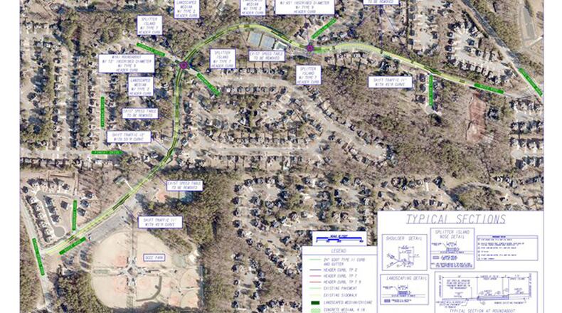 Map depicts “traffic calming” measures to be installed, starting Monday, on Buice Road in Johns Creek. CITY OF JOHNS CREEK