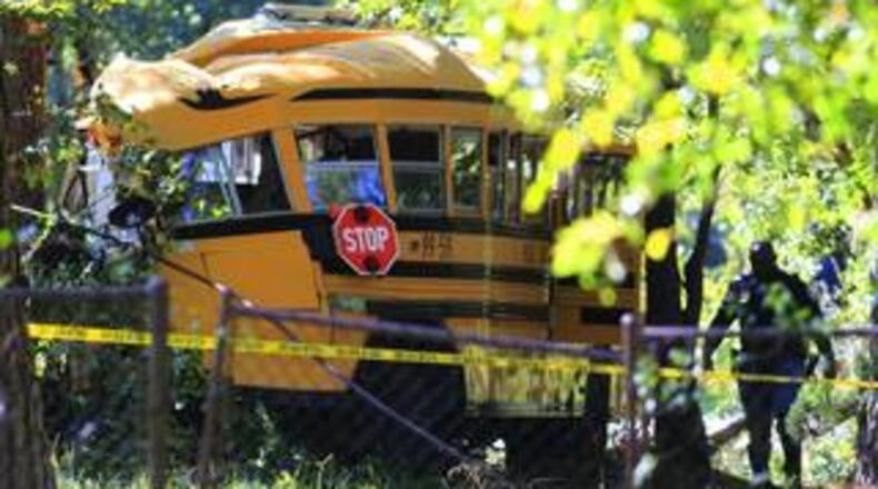 The school bus left the road and crashed head-on into a tree. (Credit: Columbus Ledger-Enquirer)