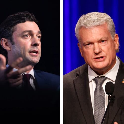 Democratic U.S. Sen. Jon Ossoff, left, and Republican U.S. Senate nominee Mike Collins. (Arvin Temkar/AJC)