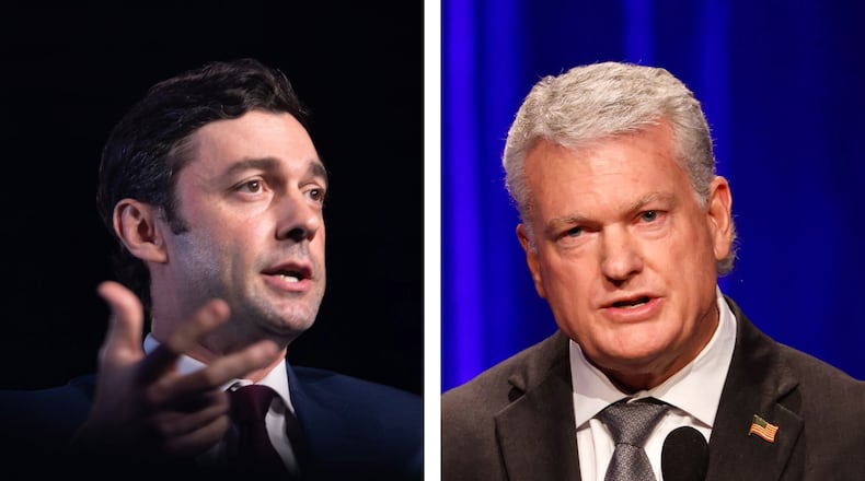 Democratic U.S. Sen. Jon Ossoff, left, and Republican U.S. Senate nominee Mike Collins. (Arvin Temkar/AJC)
