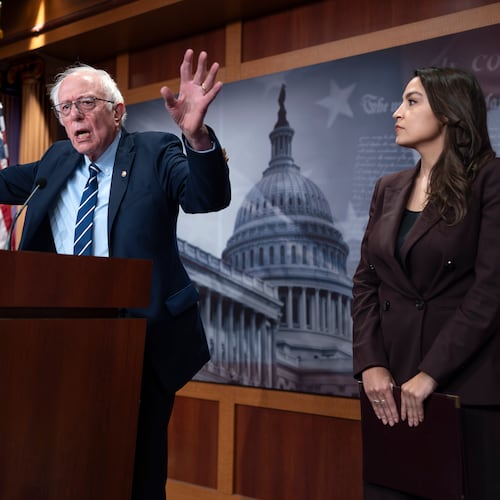 Sen. Bernie Sanders, I-Vt., left, and Rep. Alexandria Ocasio Cortez, D-N.Y., hold a news conference on the Artificial Intelligence Data Center Moratorium Act, at the Capitol in Washington, Wednesday, March 25, 2026. (AP Photo/J. Scott Applewhite)