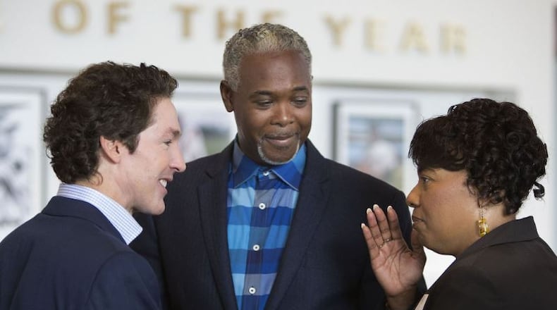 (left to right) Joel Osteen, Dale C. Bronner & Bernice A. King chat during the Senior Pastors Atlanta America's Night of Hope Luncheon at SunTrust Park . (Photo by Phil Skinner)