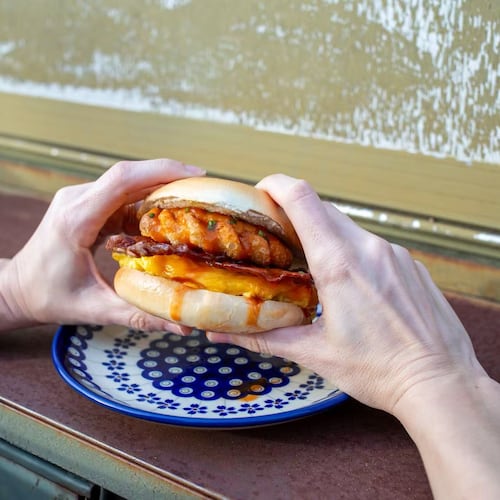 Beksa Lala’s pierogi bacon egg and cheese sandwich. (Courtesy of Scott Toney)