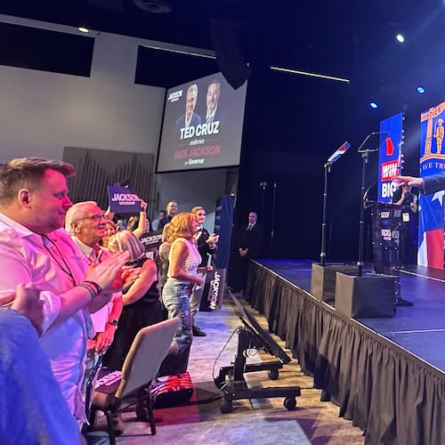 Georgia governor candidate Rick Jackson campaigns in Alpharetta, Ga., Monday, June 15, 2026, before the runoff against Lt. Gov Burt Jones on June 16. (AP Photo/Bill Barrow)