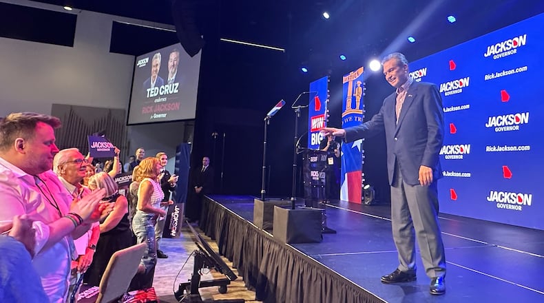 Georgia governor candidate Rick Jackson campaigns in Alpharetta, Ga., Monday, June 15, 2026, before the runoff against Lt. Gov Burt Jones on June 16. (AP Photo/Bill Barrow)