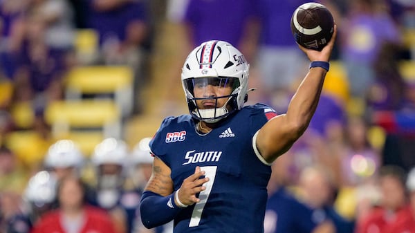FILE - South Alabama quarterback Gio Lopez (7) throws during an NCAA football game against LSU on Saturday, Sept. 28, 2024, in Baton Rouge, La. (AP Photo/Matthew Hinton, File)