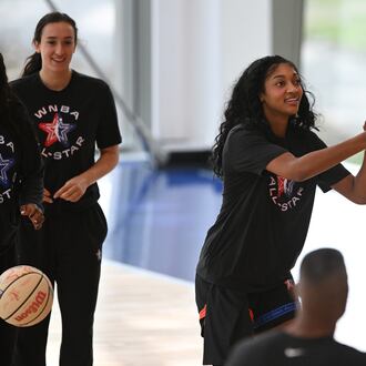 WNBA All Star Angel Reese shoots during practice at the Obama Presidential Center in Chicago, Friday, July 24, 2026. (AP Photo/Paul Beaty)