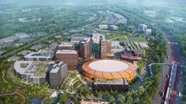 This is a rendering of a planned redevelopment of North Point Mall in Alpharetta by Jamestown and New York Life. It is centered around a 20,000-seat arena large enough to support a NHL franchise if one were announced for the Atlanta area. (Courtesy of Jamestown)