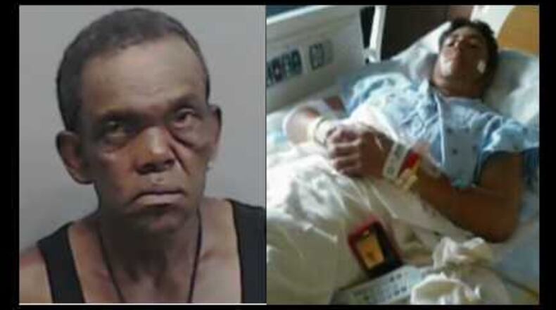 Ronnie Evans (left) is in a Fulton County jail after police and witnesses say he stabbed a man (right) in the neck and head with a box cutter.