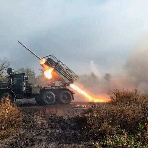 In this image made from video provided by Russian Defense Ministry Press Service on Friday, Nov. 7, 2025, a Russian "Grad" self-propelled 122 mm multiple rocket launcher fires towards Ukrainian positions on an undisclosed location in Ukraine. (Russian Defense Ministry Press Service via AP)