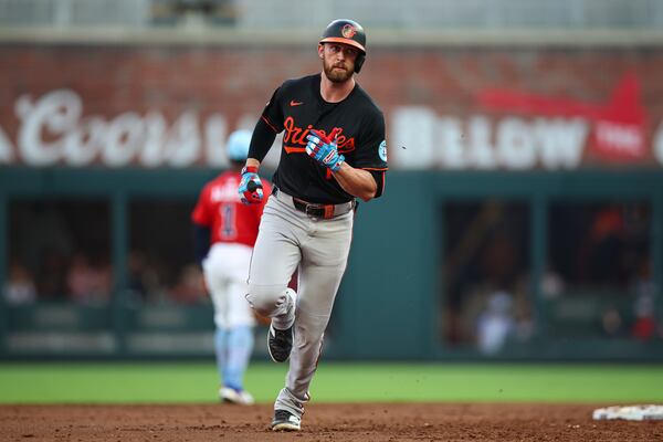 Baltimore Orioles' Jordan Westburg rounds second base after hitting a solo home run in the third inning of a baseball game against the Atlanta Braves, Friday, July 4, 2025, in Atlanta. (AP Photo/Colin Hubbard)