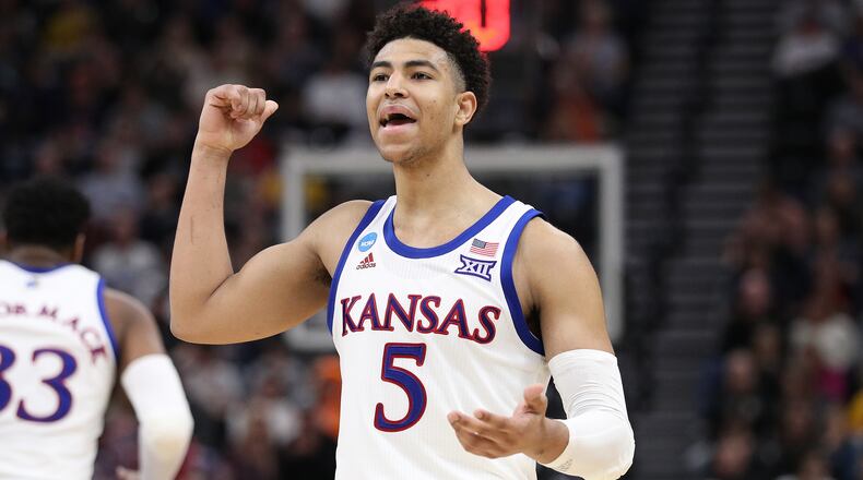 Quentin Grimes  of the Kansas Jayhawks reacts to a play against the Auburn Tigers during their game in the Second Round of the NCAA Basketball Tournament at Vivint Smart Home Arena on March 23, 2019 in Salt Lake City, Utah. (Photo by Patrick Smith/Getty Images)