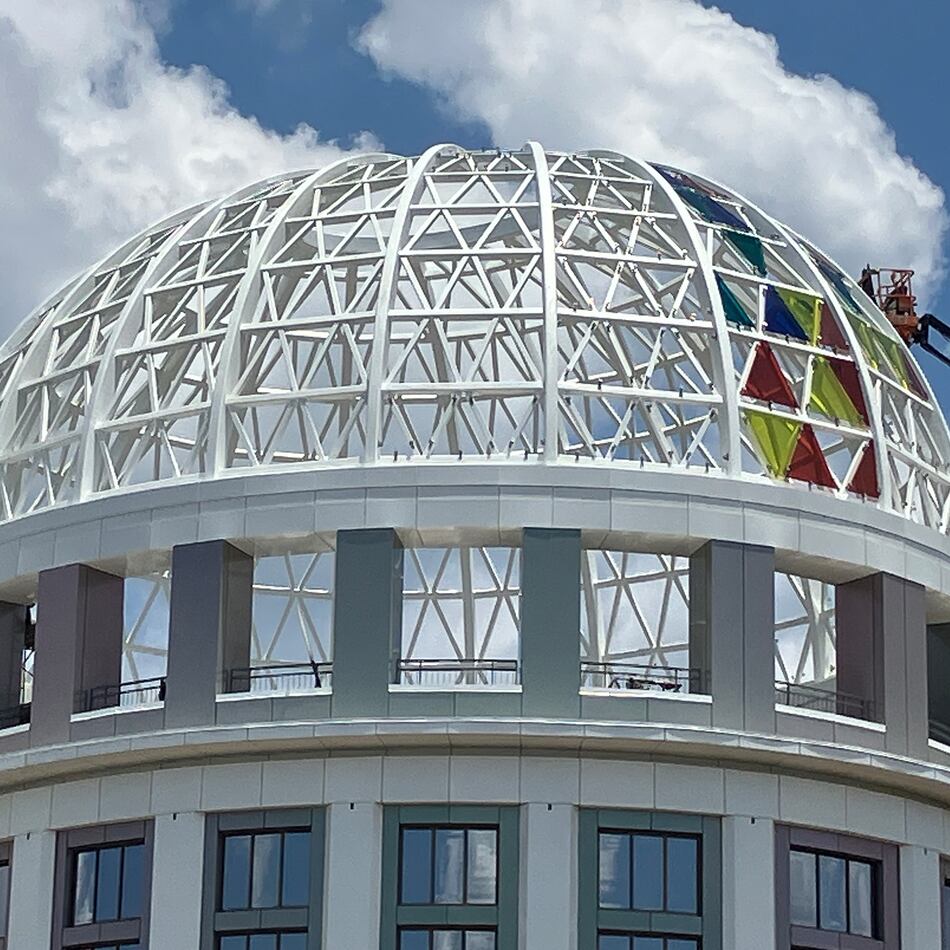The city of Brookhaven's mayor and City Council last week decided to remove the colored panes of glass from the dome of Brookhaven's new City Centre after residents objected to the brightness of the colors, seen here Friday, June 27, 2025. (Reed Williams/AJC)